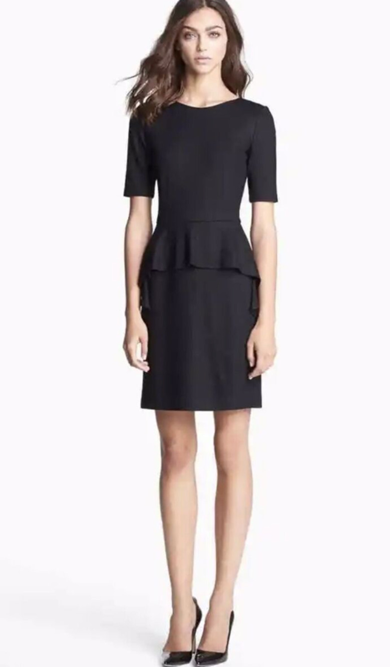 Theory Arvada Peplum Dress 0 Black Wool Sheath Academia Capsule Minimalist Work